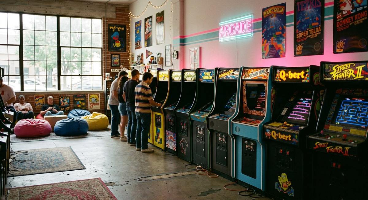Bornes d'arcade colorées dans une salle lumineuse