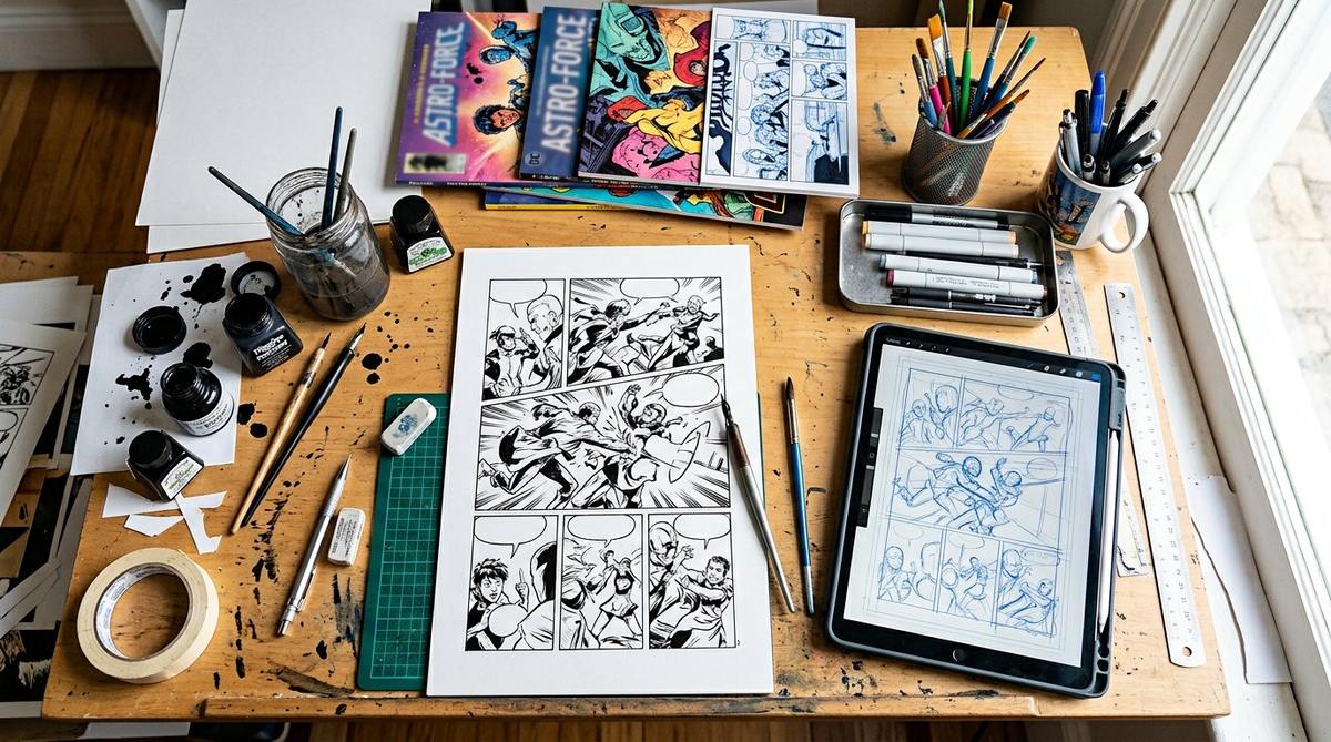 Planches de bande dessinée, encres et pinceaux