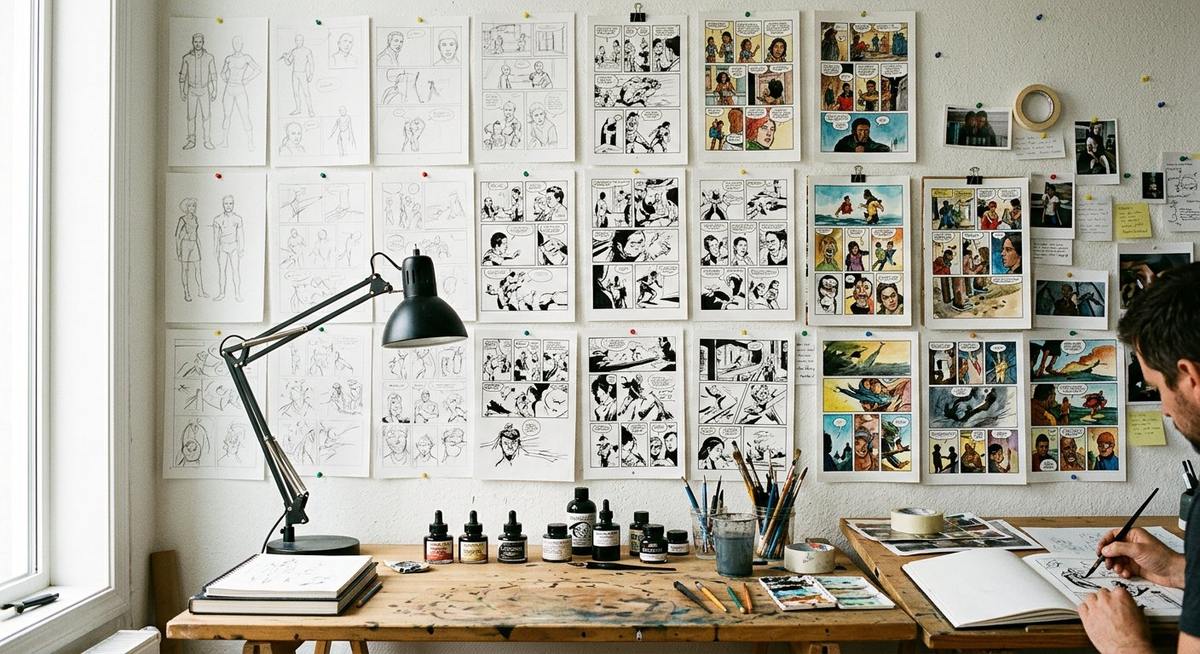 Mur d'ateliers couvert de planches de bande dessinée