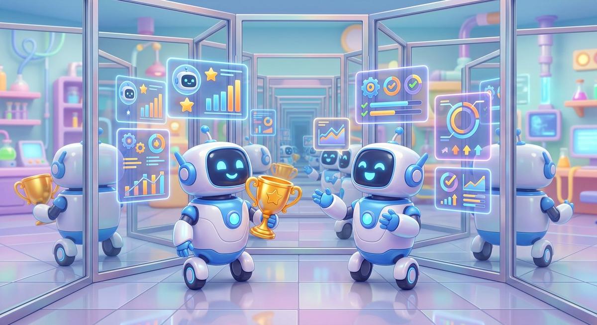 Deux robots jumeaux comparant des graphiques de scores