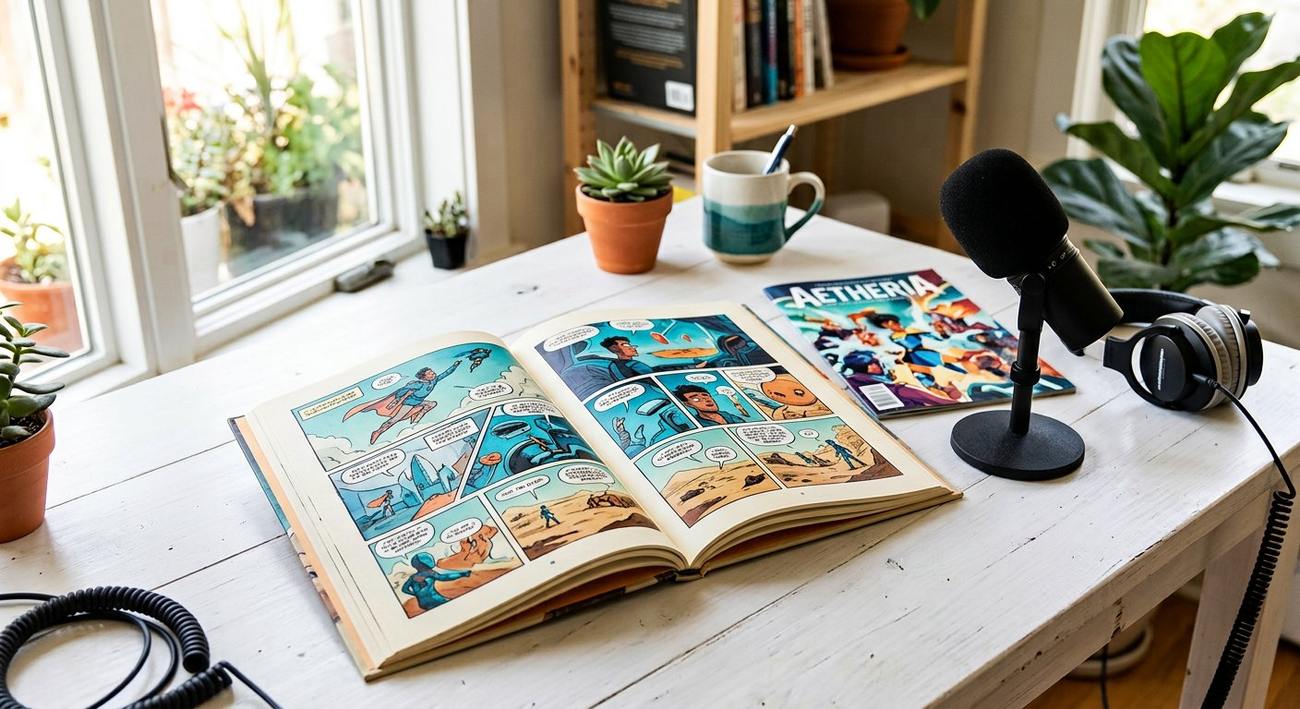 Livre ouvert et planches de BD