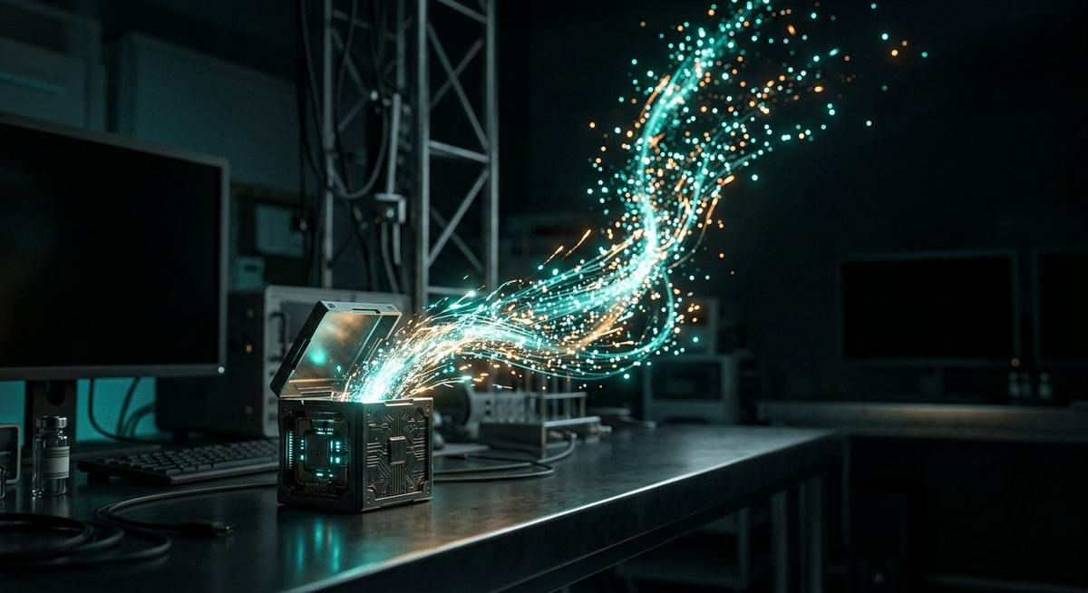 Cube lumineux ouvert dont des particules s'échappent