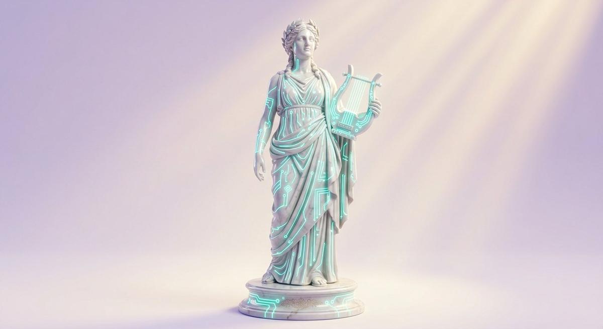 Une statue de muse grecque parcourue de circuits lumineux