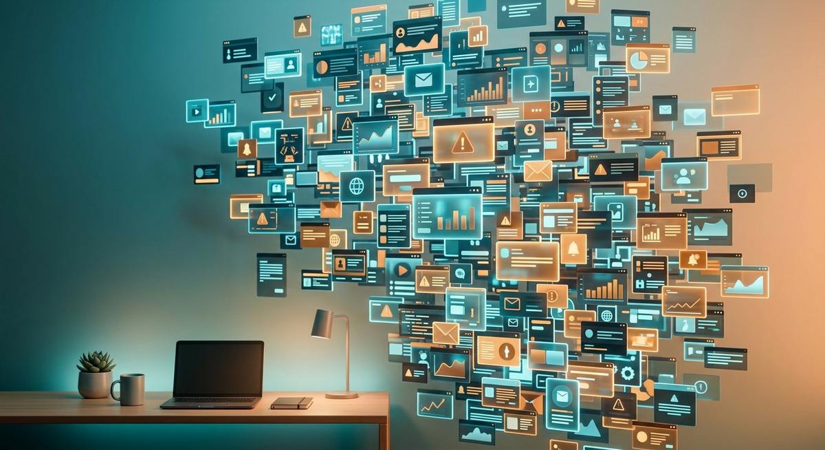 Mur d'écrans et notifications flottantes au-dessus d'un bureau minimaliste