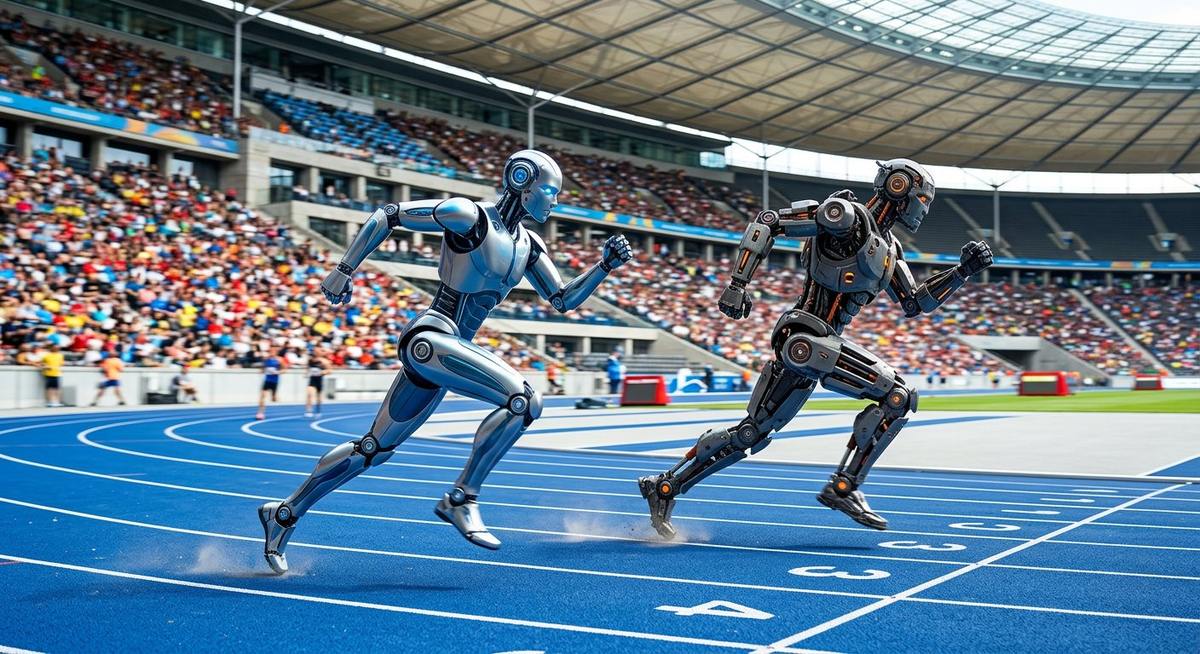 Robots humanoïdes sur une piste d'athlétisme dans un stade