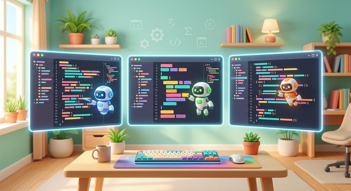 Trois fenêtres d'éditeur de code avec un petit robot assistant dans chacune