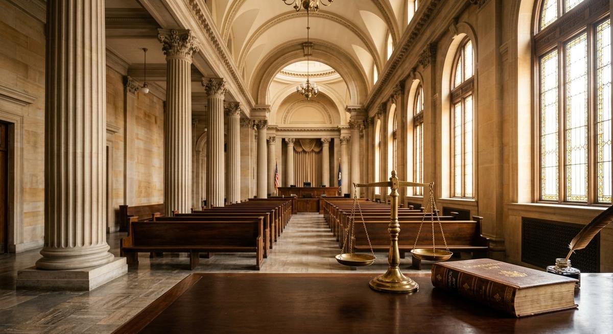 Salle d'audience majestueuse avec colonnes et lumière du matin