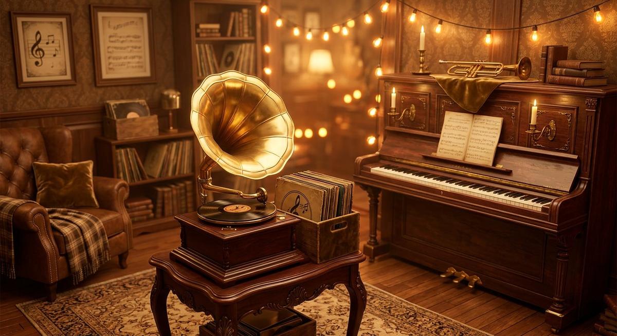 Salon de musique vintage : gramophone, trompette, partitions