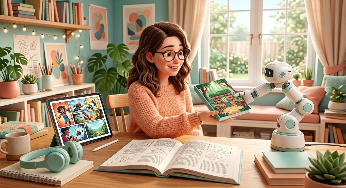 Une autrice reçoit un livre imprimé d'un petit bras robot, tablette de planches de BD à côté