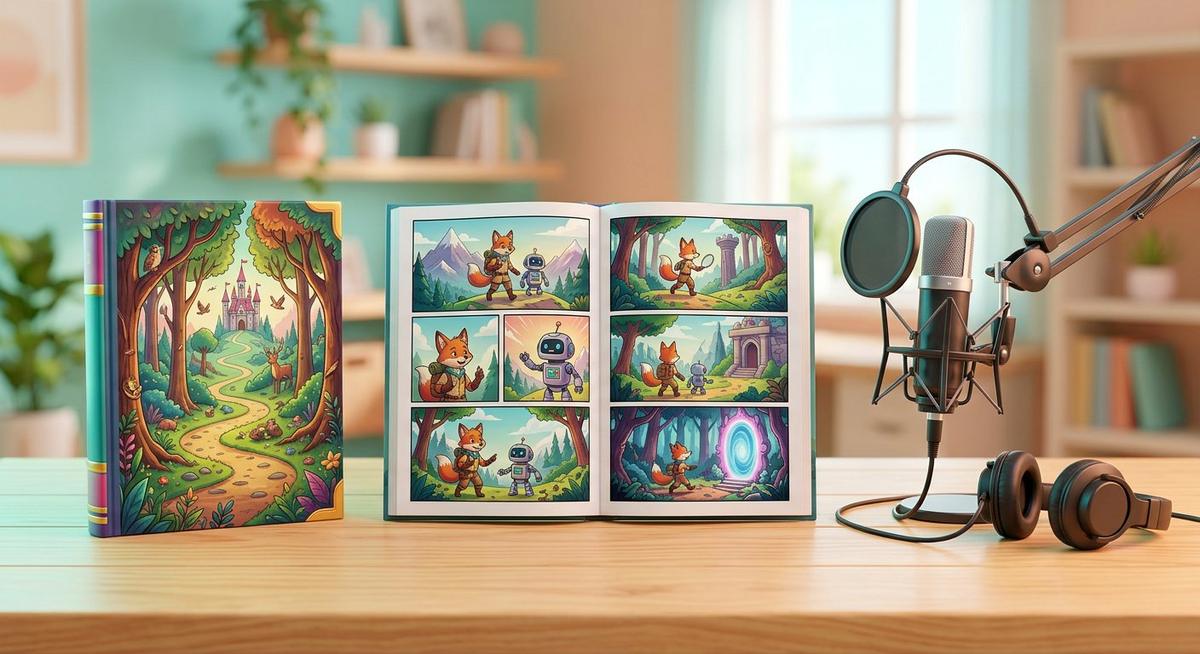 Un livre illustré, une planche de bande dessinée et un micro de podcast sur un bureau lumineux