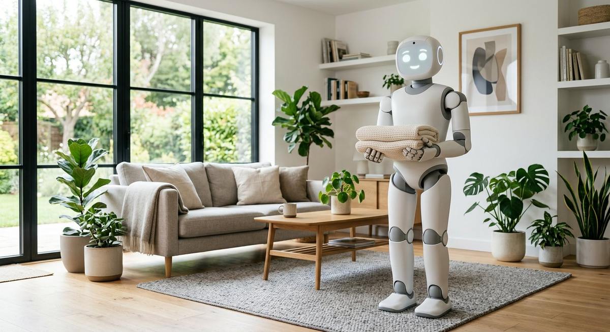 Robot humanoïde blanc dans un salon lumineux