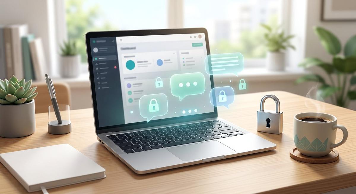 Ordinateur portable ouvert avec cadenas et bulles de discussion flottantes