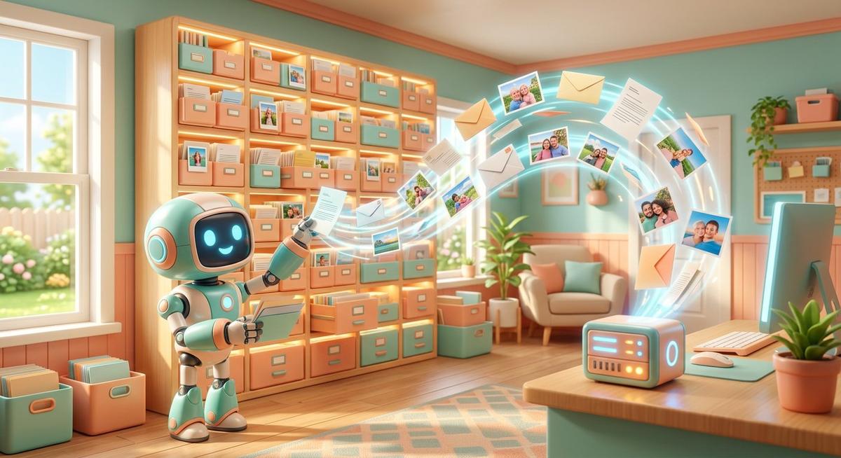 Un petit serveur local et un robot bibliothécaire rangent des documents dans des étagères lumineuses
