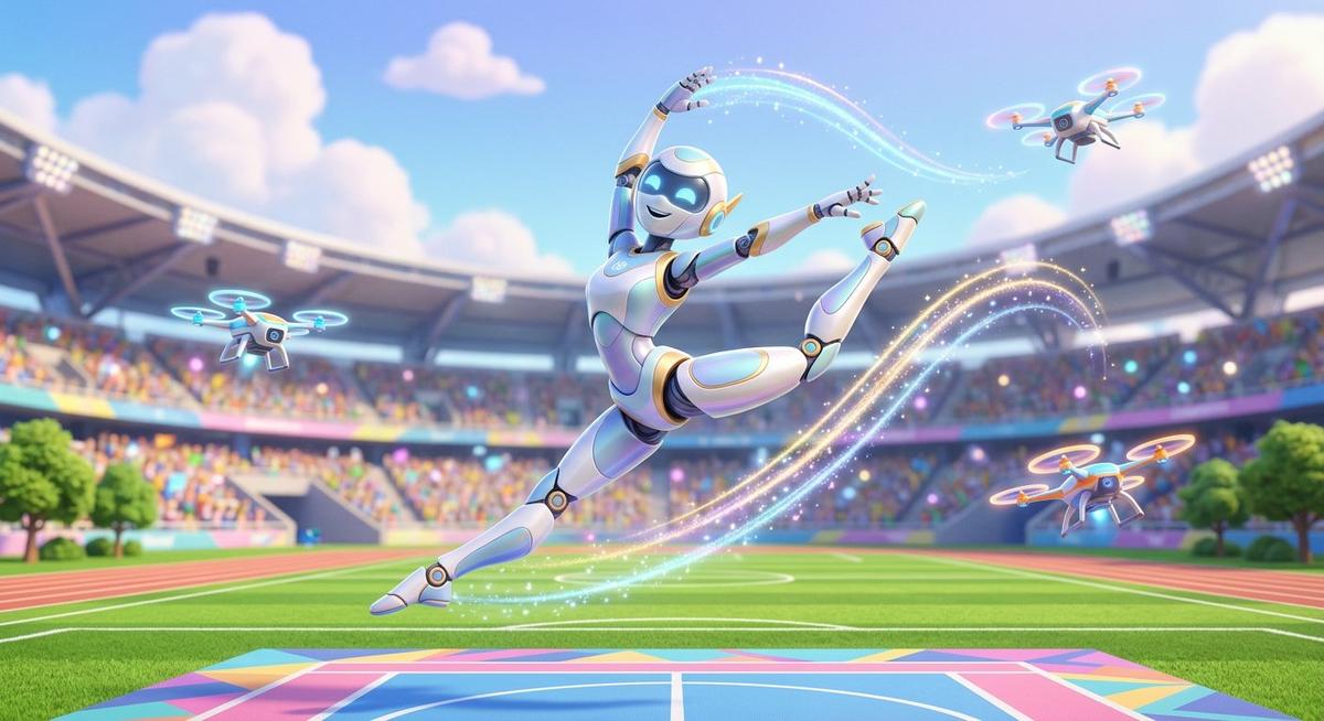 Un robot humanoïde élégant enchaîne une figure de gymnastique sur un terrain lumineux