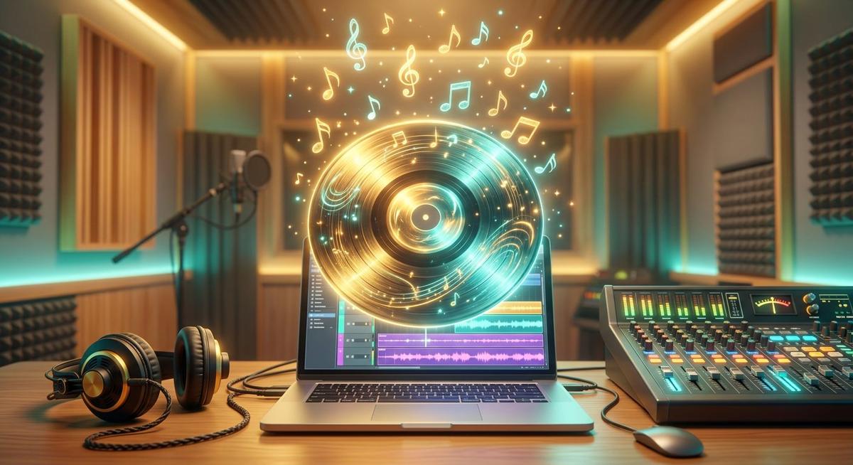 Un vinyle lumineux au-dessus d'un ordinateur dans un studio