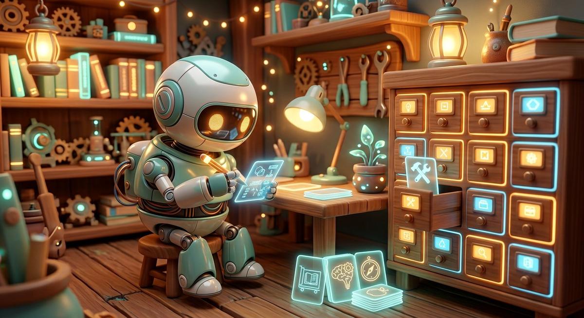 Robot bibliothécaire rangeant des cartes de compétences lumineuses