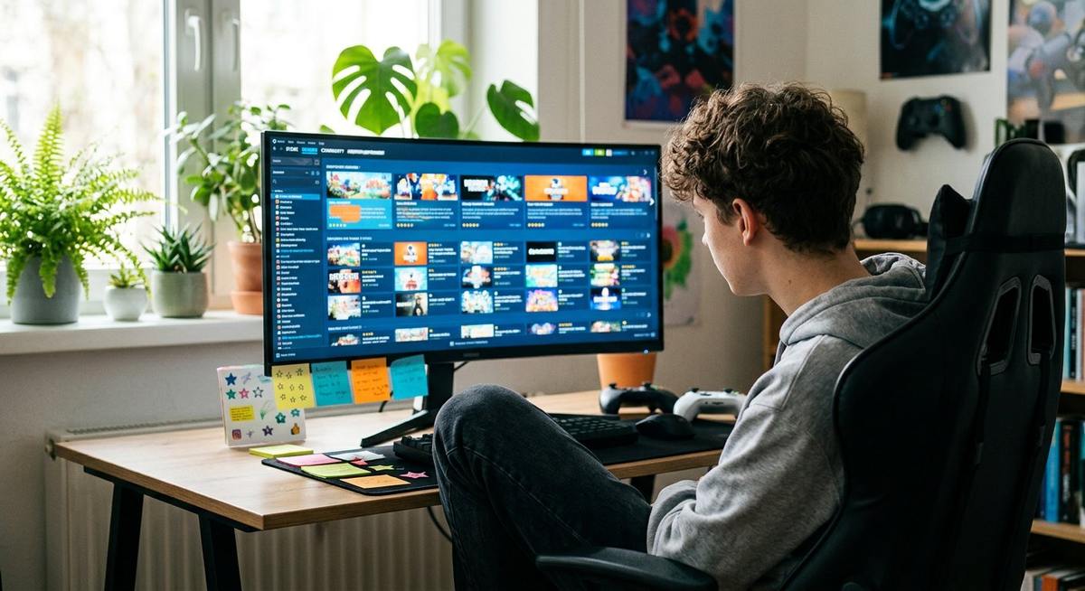 Joueur devant un écran de boutique de jeux vidéo