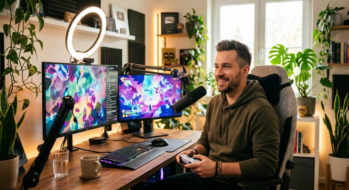 Streamer dans son studio équipé de micros et écrans
