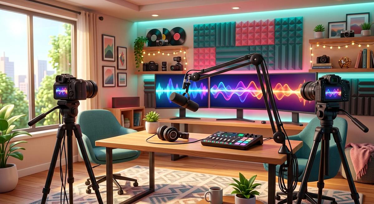 Studio de podcast et vidéo lumineux : micro, caméras, écrans d'ondes sonores