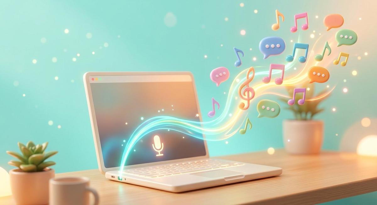 Une onde sonore lumineuse sort d'un micro et se transforme en notes de musique